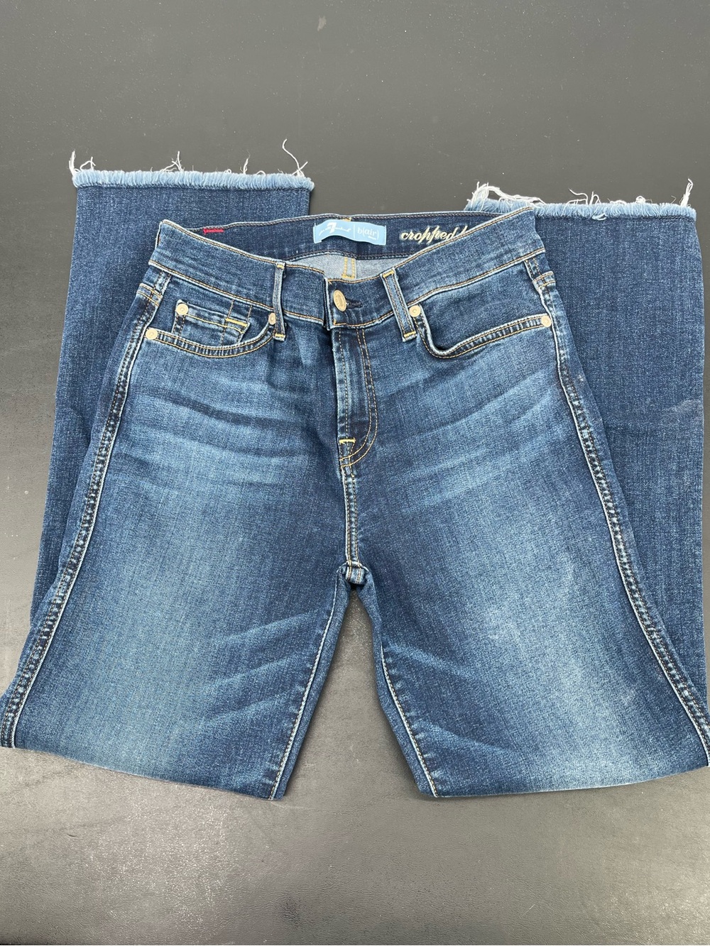 7 For All Mankind Dark Blue Straight Leg Jeans with Frayed Hem
